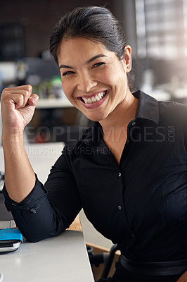 Buy stock photo Portrait of a businesswoman woman doing a fist pump