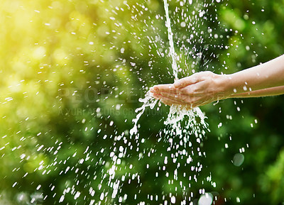 Buy stock photo Water, washing and hands of person in garden for hygiene, sustainability and outdoor irrigation. Splash, nature and model cleaning fingers in backyard for dirt, germs and sanitation on summer morning