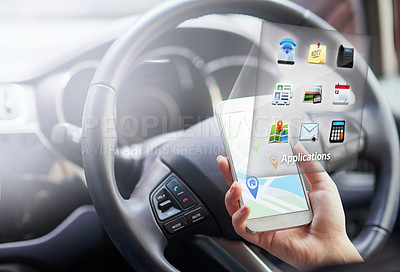 Buy stock photo Woman, hands and smartphone with hologram in car with digital maps for smart driving and assist with navigation. Person, vehicle and mobile applications or features for location services and online.