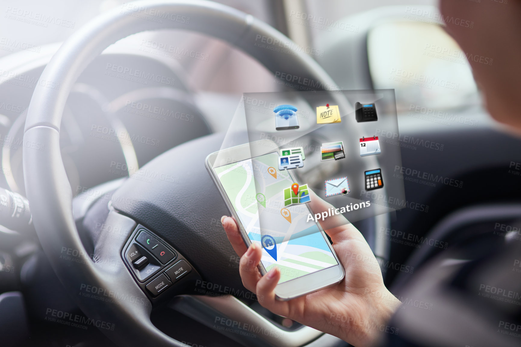 Buy stock photo Person, hands and smartphone with hologram in car with digital maps for smart driving and assist with navigation. Woman, vehicle and mobile applications or features for location services and online.
