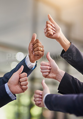 Buy stock photo Thumbs up, business and people with hands in air for success or positive feedback, well done and like. Team or group, yes sign and gesture for approval or agreement for project, report and diversity.