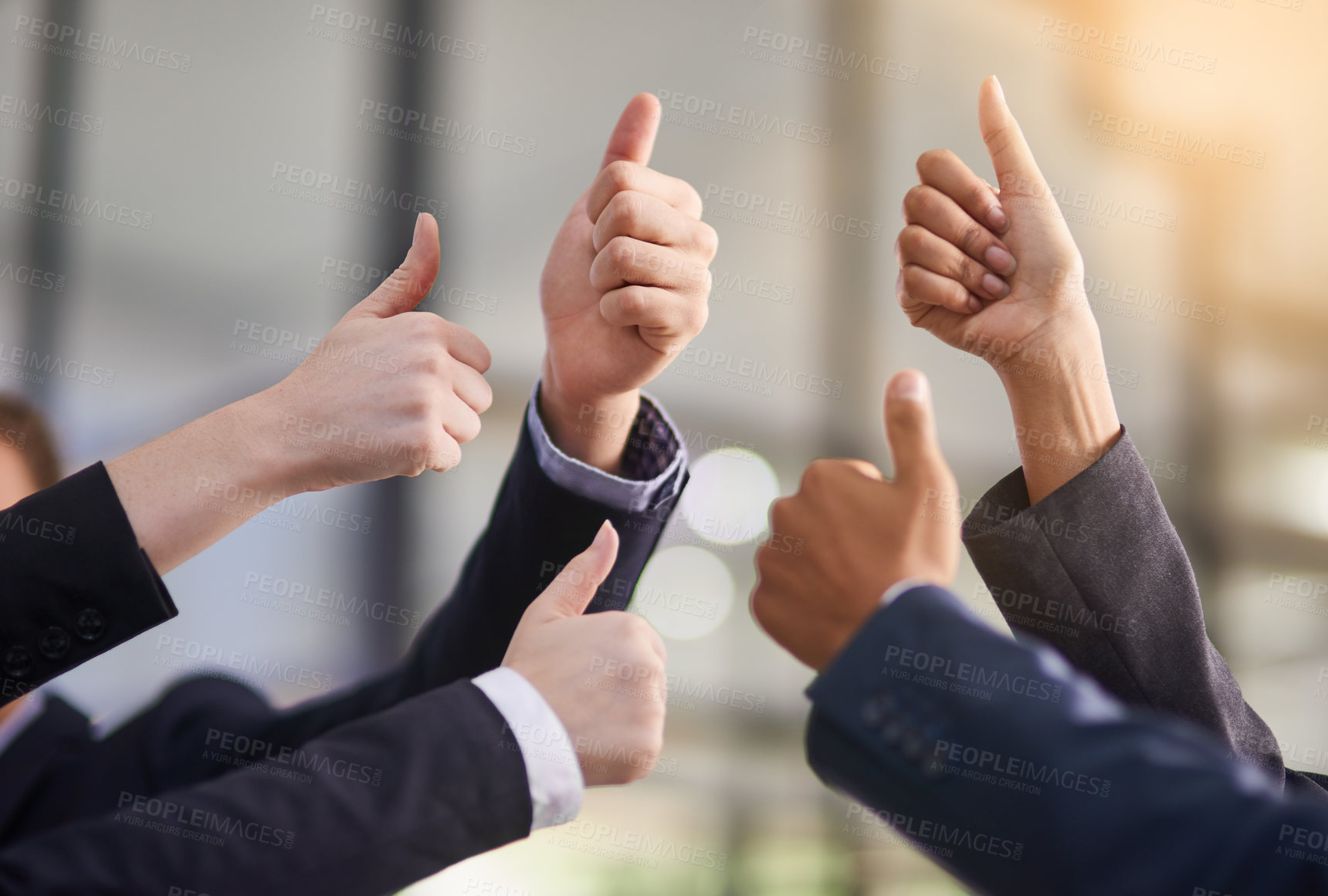 Buy stock photo Thumbs up, business and hands in air for success or positive feedback, well done and like. People or team, yes sign and gesture for approval or agreement for project, report and diversity in office.