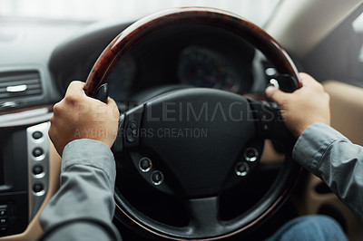 Buy stock photo Car, dashboard and hands driving for travel, holiday or roadside adventure. Person, vehicle and steering wheel for transportation, vacation or taxi delivery and professional ride share services 