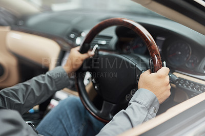 Buy stock photo Vehicle, dashboard and hands driving for travel, holiday or roadside adventure. Person, car and steering wheel for transportation, vacation or taxi delivery and professional ride share services 