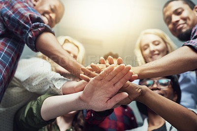 Buy stock photo People, group and hands stack as teamwork or community trust, collaboration or diversity. Friends, pile and students or project planning together for global equality or allyship, partnership or union