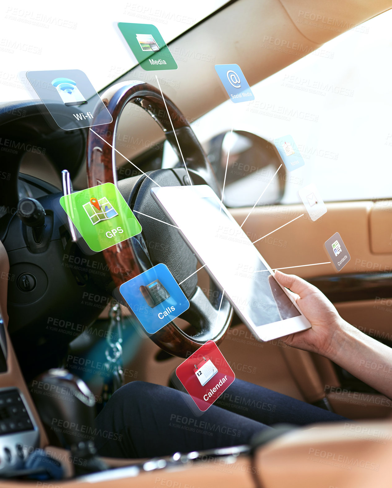 Buy stock photo Shot of a driver holding a digital tablet surrounded by icons