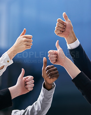 Buy stock photo Hands, thumbs up and business people in office with thank you, welcome or success sign on blue background. Support, vote or team with service review, feedback or winning sign for solidarity and trust