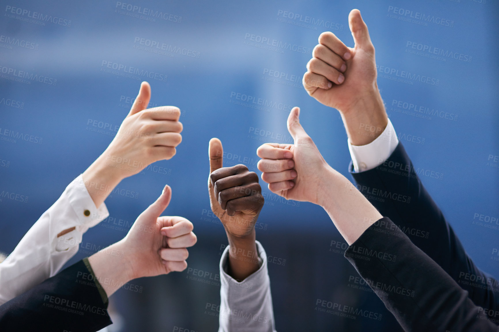 Buy stock photo Thumbs up, hands and business people in office with thank you, welcome or success sign on blue background. Support, vote or team with service review, feedback or winning sign for solidarity and trust