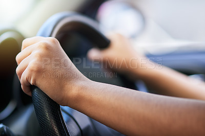 Buy stock photo Hands, steering wheel and driving in car on commute, vehicle and travel in machine on journey. Fingers, closeup of person and automobile to test drive or motor exam for license, navigate and route