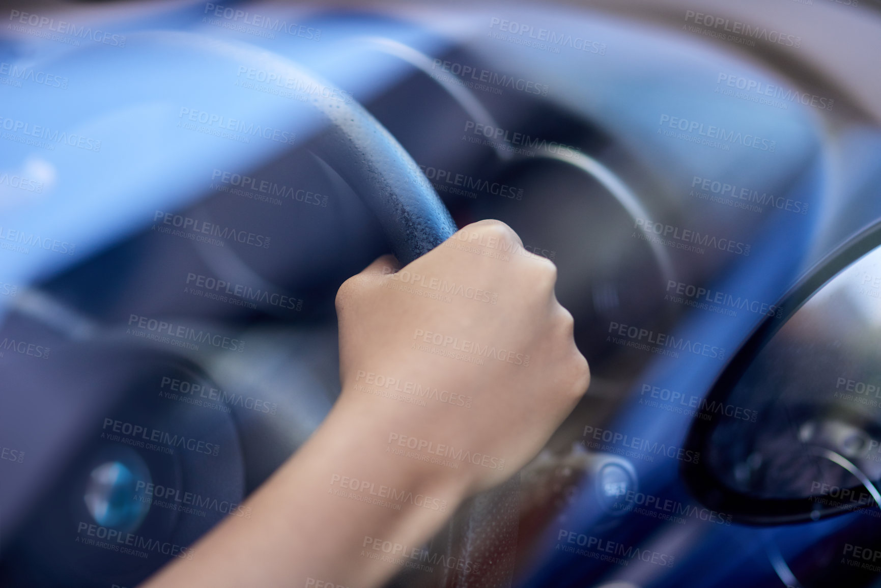 Buy stock photo Hands, steering wheel and driving in car by window, vehicle and travel on commute or journey. Fingers, closeup of person and automobile to test drive or motor exam for license, navigate and route