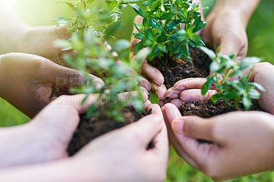 Buy stock photo Hands, people and soil with plant for earth day, support and eco business, nurture or funding. Recycling, sustainability and volunteer group with leaf growth for agriculture, ngo or climate change