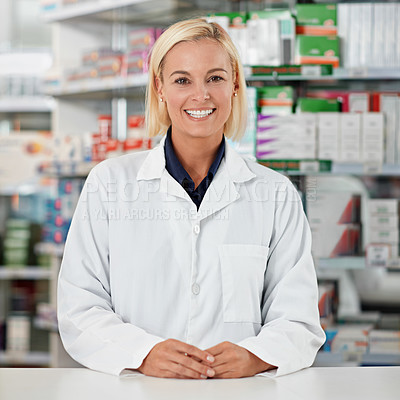 Buy stock photo Pharmacist, happy portrait and medical pharmacy worker ready, confident and proud service in drug store. Kind doctor, professional trust and healthcare counter for wellness or pharmaceutical medicine