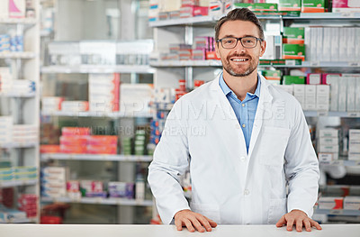 Buy stock photo Pharmacy, portrait and pharmacist man smile for medicine, product on shelf and healthcare industry help desk. Trust, expert and medical professional worker for supplements, pills or drugs management