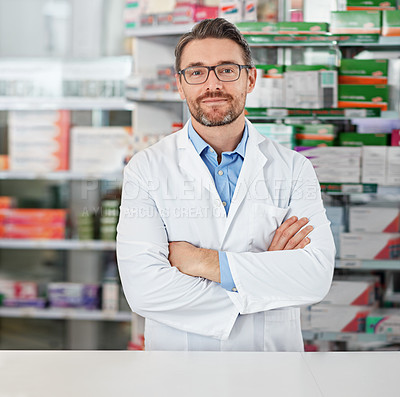 Buy stock photo Success, crossed arms and portrait of pharmacist in pharmacy clinic standing with confidence. Healthcare, medical and mature male chemist by the counter of pharmaceutical medication store dispensary.