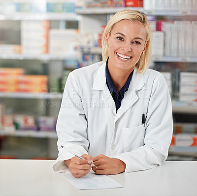 Buy stock photo Pharmacy, writing and pharmacist woman in portrait for medicine, product or healthcare insurance paperwork. Trust, help desk and medical professional worker with receipt, doctor note or prescription