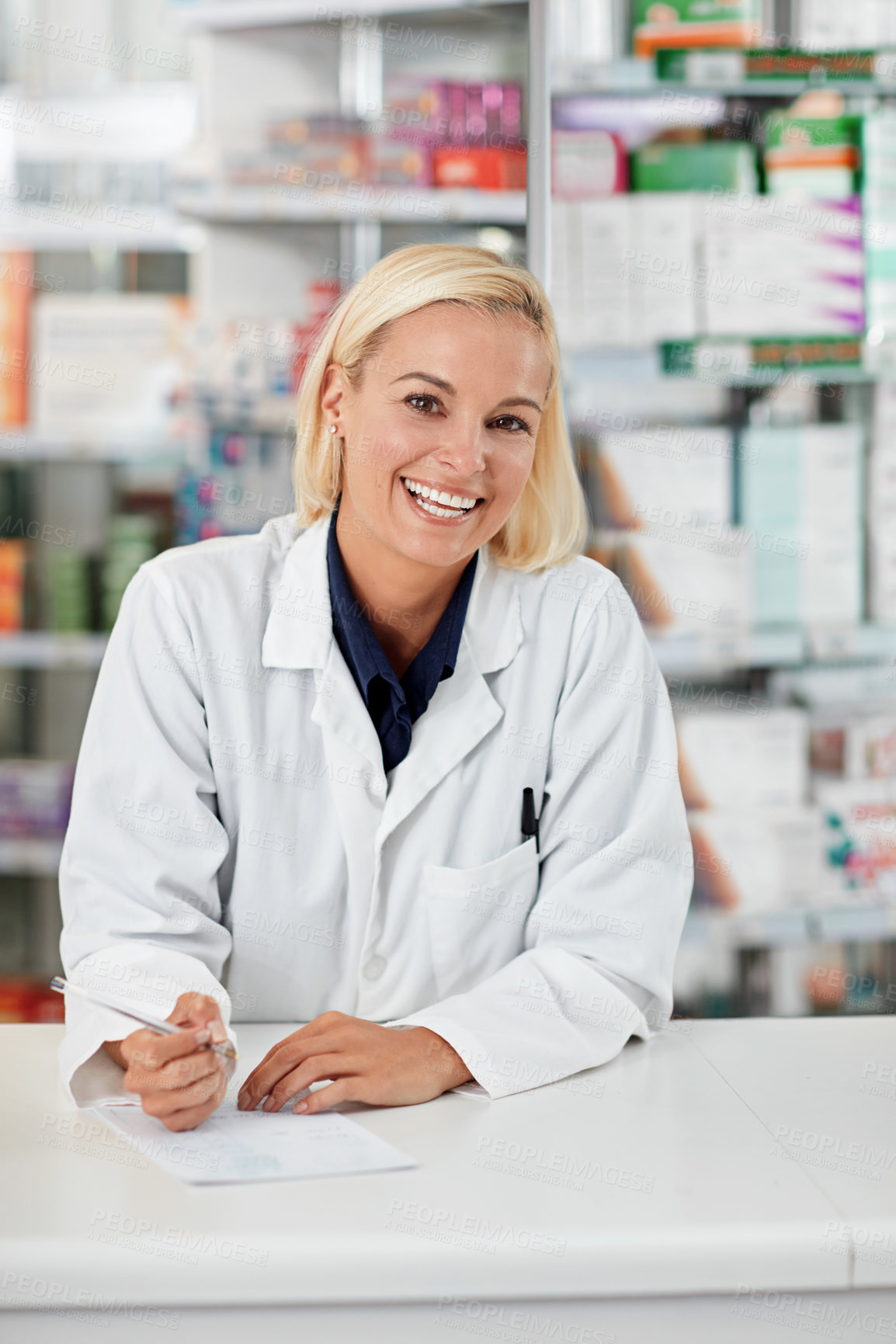 Buy stock photo Smile, portrait and woman in pharmacy writing notes for healthcare, drugs and medicine store. Health, service and professional pharmacist in dispensary with prescription, medical advice and checklist