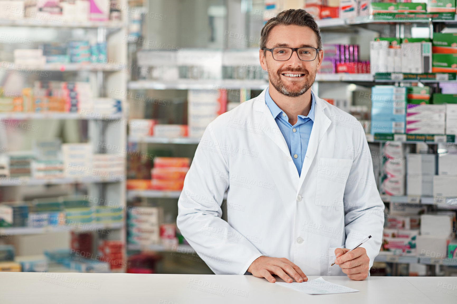 Buy stock photo Healthcare, prescription and portrait with man in pharmacy for pride, medicine and writing. Wellness, medical and inventory with person in drugstore for consulting, dispensary and pills distribution