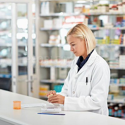 Buy stock photo Prescription, drugs and woman at pharmacy counter with stock, healthcare and medicine in store. Health insurance, professional service and pharmacist with medical script for pills, treatment or help