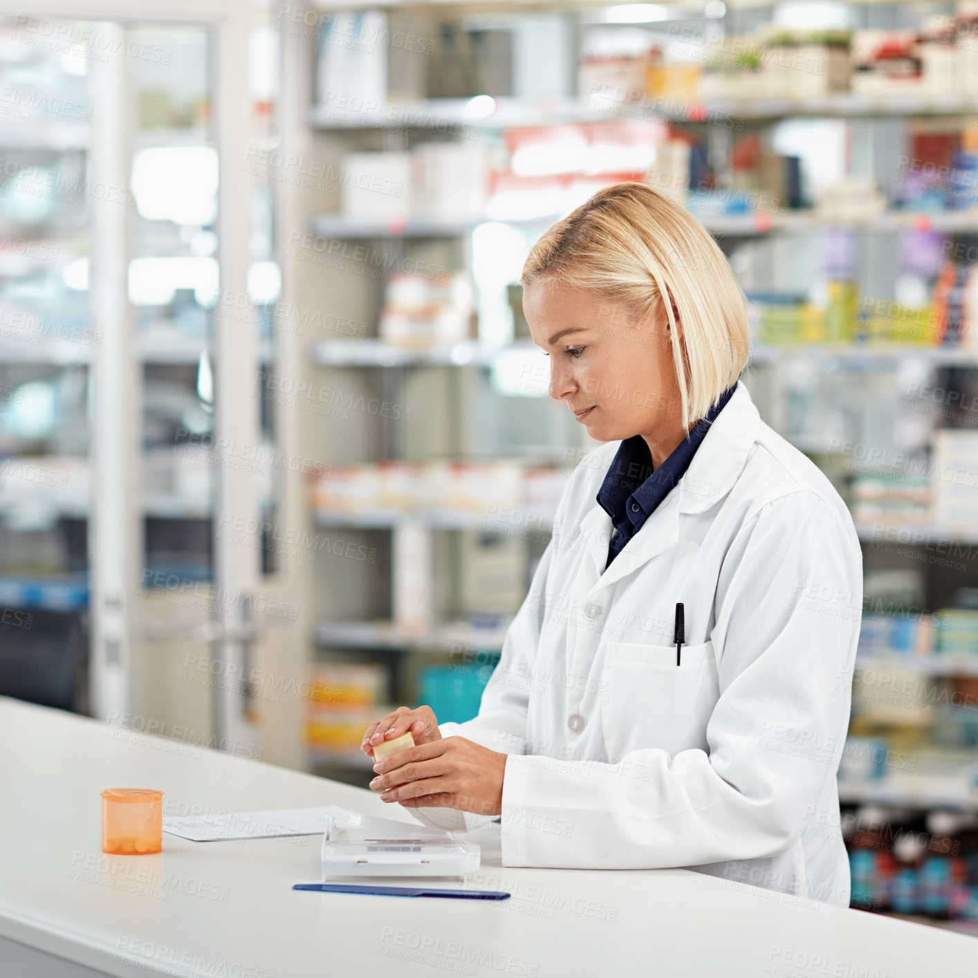 Buy stock photo Prescription, drugs and woman at pharmacy counter with stock, healthcare and medicine in store. Health insurance, professional service and pharmacist with medical script for pills, treatment or help