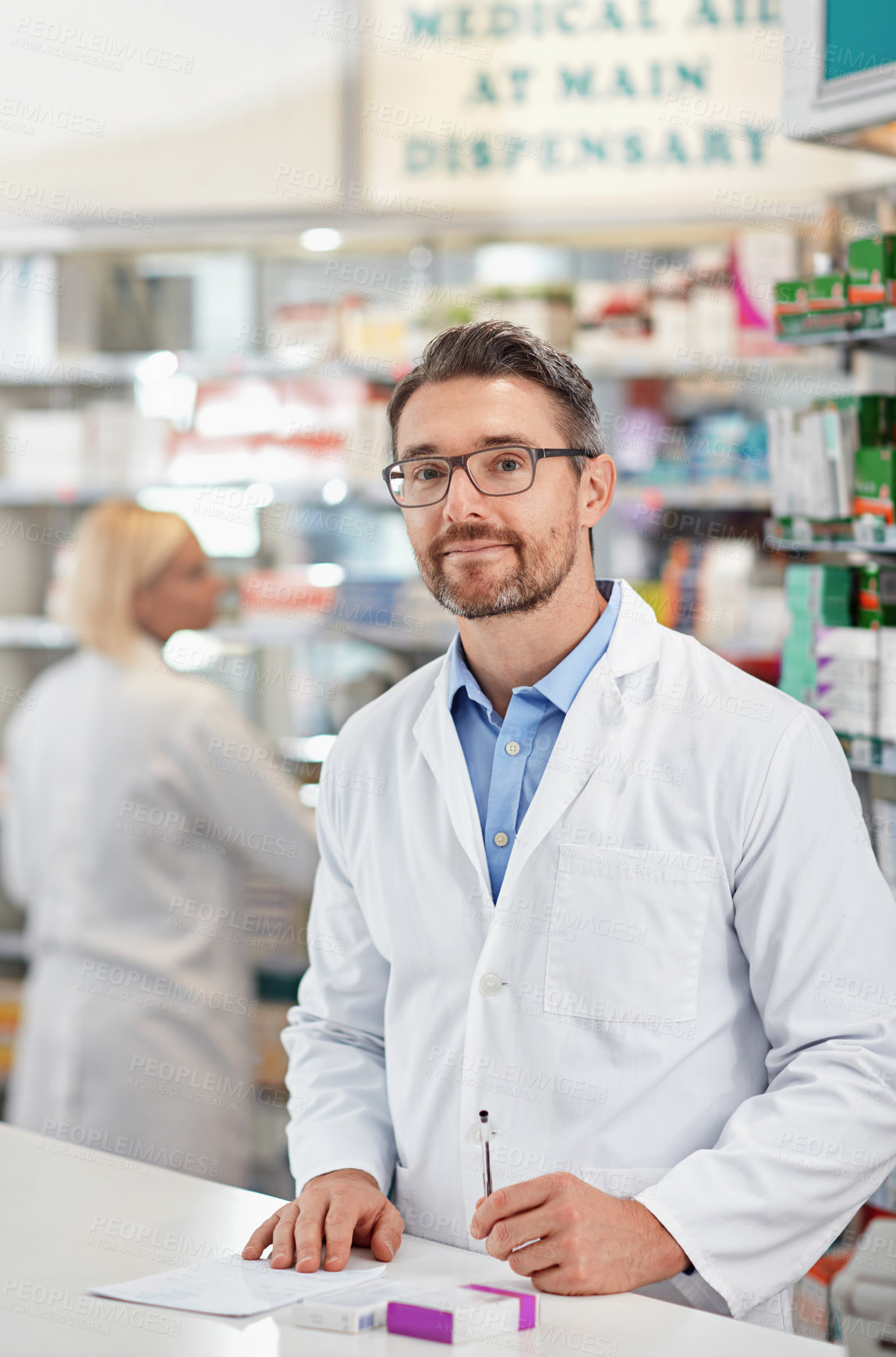 Buy stock photo Prescription, portrait and man in pharmacy writing notes for healthcare, drugs and medicine box in store. Health insurance, professional service and mature pharmacist with medical script at counter
