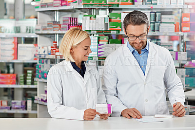 Buy stock photo Pharmacy, inventory and pharmacist people medicine, stock supplier check or healthcare management. Product shelf tablet box or medical pills of retail worker in teamwork, writing notes and help desk