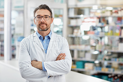 Buy stock photo Portrait, pharmacy, and proud pharmacist man for medicine, wellness and drugs or retail industry services. Trust, values and mission of medical professional worker in shop, store or clinic about us