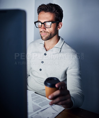 Buy stock photo Night, computer and man with coffee, business and workaholic with espresso and deadline. Person, entrepreneur and employee with online reading and research for investigation article, evening and news