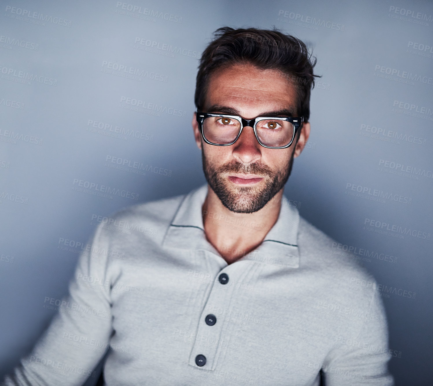 Buy stock photo Man, portrait and night for research in studio on grey background with glasses as web designer. Website developer, deadline and overtime with creative or ideas for work, project and startup business
