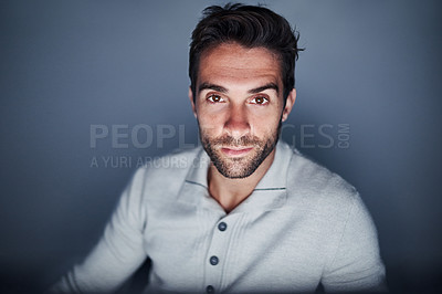 Buy stock photo Portrait, man and night on computer with website developing in studio on grey background with deadline. Employee, confident and startup business with ambition for career growth as web designer