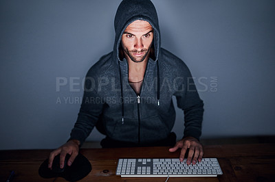 Buy stock photo Man, keyboard and hacker at night in studio on grey background, security and hacking software. Company, employee and startup business as programmer for career, cybercrime and criminal coding.