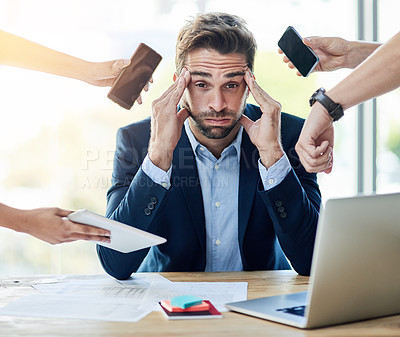 Buy stock photo Businessman, hands and stress or overwhelmed with multitask in office with poor time management or tech. Employee, headache and portrait for workload, overworked or team pressure for deadline by desk