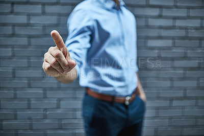 Buy stock photo Closeup businessman hands click on virtual connection to user interface, login and password for network system, digital future and innovation in city. Man hands press invisible technology information