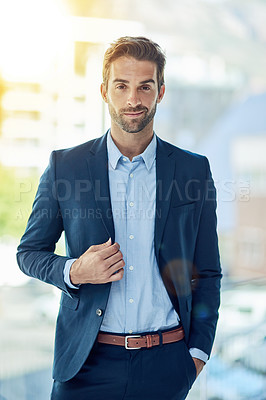 Buy stock photo Portrait, man and confidence in office for corporate empowerment, professional career and smile. Executive, employee and confident face of lawyer at law firm with pride, formal suit and legal expert