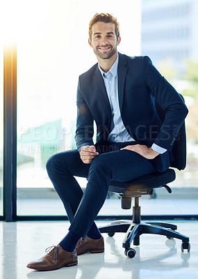 Buy stock photo Portrait, happy and man in office for business career, startup corporate company and relax on chair. Male entrepreneur, excited and confident for growth or opportunity with positive mindset and goals