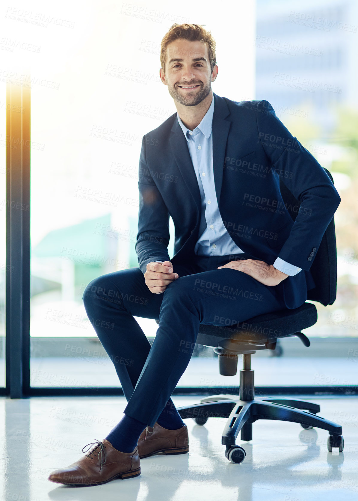 Buy stock photo Portrait, happy and man in office for business career, startup corporate company and relax on chair. Male entrepreneur, excited and confident for growth or opportunity with positive mindset and goals