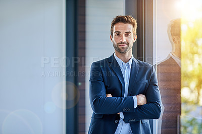 Buy stock photo Portrait, confident and man in office for business career, startup corporate company and professional. Male entrepreneur, excited and happy for growth or opportunity with positive mindset and goals.