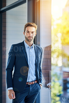 Buy stock photo Portrait, serious and man in office for business career, startup corporate company and professional. Male entrepreneur, excited and confident for growth or opportunity with positive mindset and goals