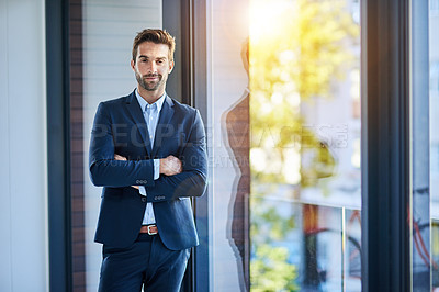 Buy stock photo Portrait, happy and man in office for corporate career, startup business company and relax on chair. Male entrepreneur, excited and confident for growth or opportunity with positive mindset and goals