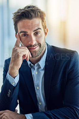 Buy stock photo Portrait, thinking and business man in office, company or employee in workplace for corporate career in Canada. Face, idea and confident professional in suit, entrepreneur or salesman working at job