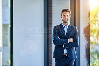 Buy stock photo Portrait, confident and man in office for corporate career, startup and company or business professional. Entrepreneur, excited and happy for growth or opportunity with positive mindset and goals