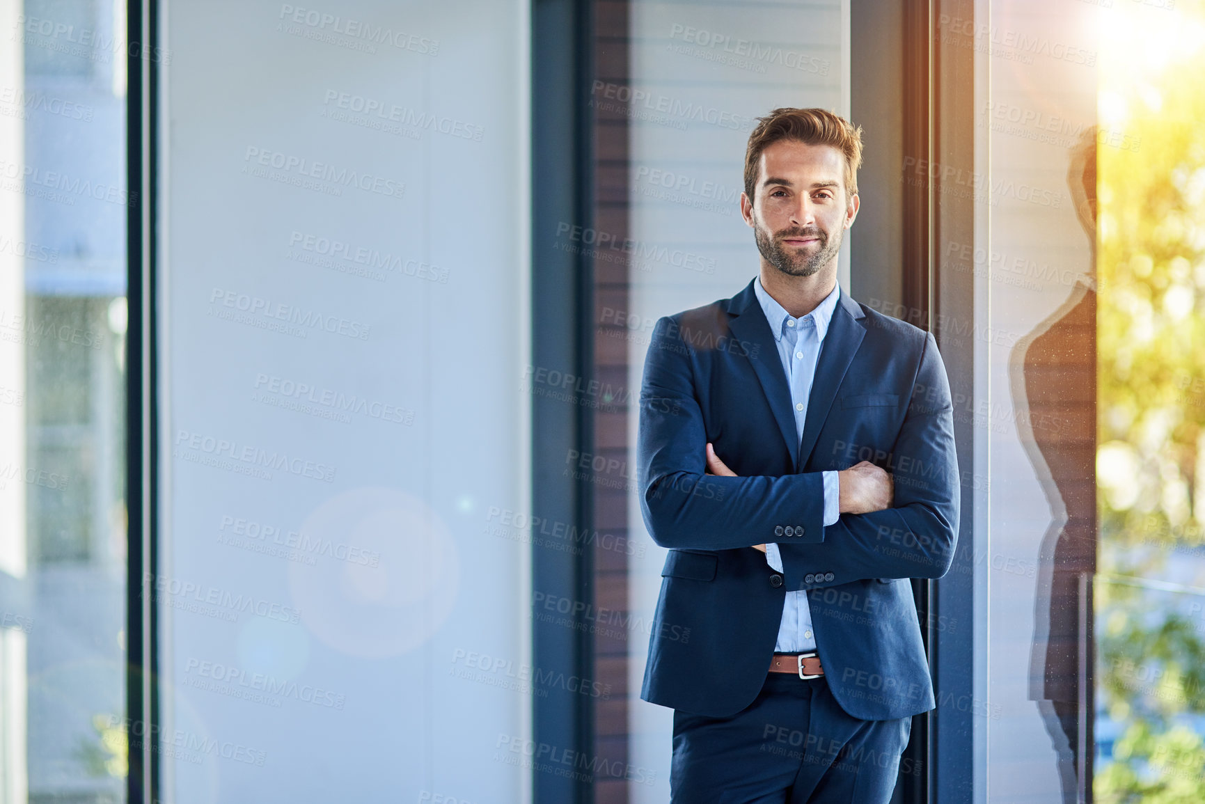 Buy stock photo Portrait, confident and man in office for corporate career, startup and company or business professional. Entrepreneur, excited and happy for growth or opportunity with positive mindset and goals