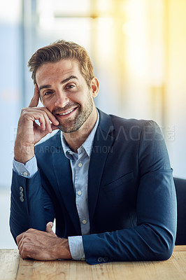 Buy stock photo Portrait, happiness and man in office for business career, startup corporate company and relax on chair. Male lawyer, excited and confident for growth of law firm with positive mindset and goals