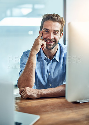 Buy stock photo Portrait, thinking and happy business man in office, company or employee in workplace for job in Germany. Face, idea or confident professional entrepreneur or consultant working on computer at desk