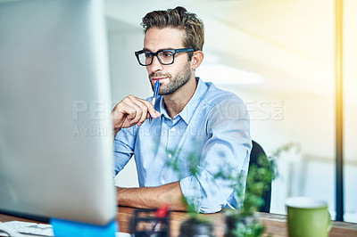 Buy stock photo Businessman, thinking and computer in workplace for stock market, development and brainstorming. Male person, website and technology in office for trading, investment and startup company planning