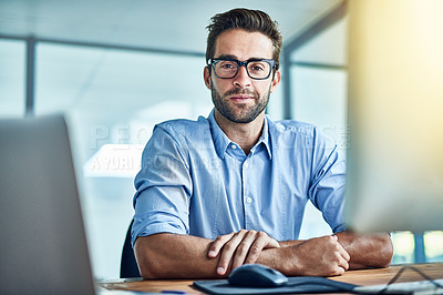 Buy stock photo Computer, employee and man in office, portrait and smile for copywriter, startup and workplace of business. Happiness, staff and person with technology, desktop and glasses with confidence and pride