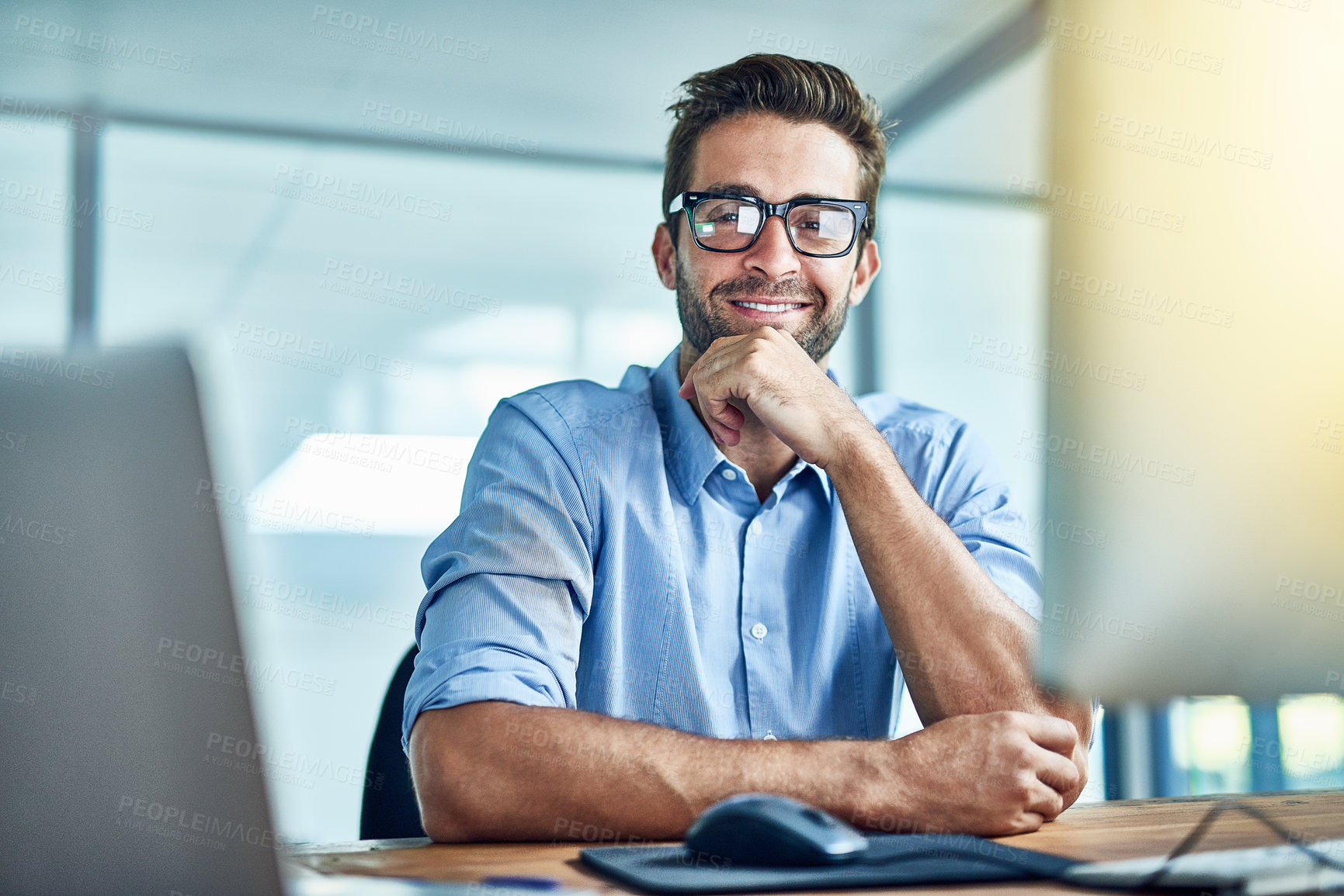 Buy stock photo Portrait, thinking and smile of business man in office, company or employee at job in Canada. Face, idea and confident professional in glasses, entrepreneur and agent working on computer at desk