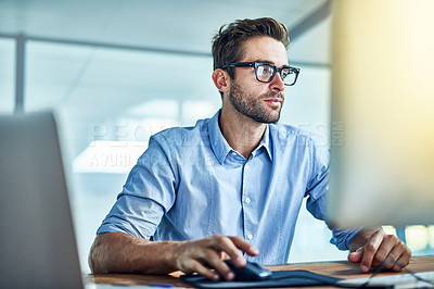 Buy stock photo Computer, employee and man in office, copywriter and smile for job, startup and workplace of business. Happiness, staff and person with technology, desktop and glasses with confidence and pride