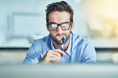 Buy stock photo Desk, employee and man in office, thinking and brainstorming of idea, startup and copywriting in business. Workplace, staff and person with glasses, question and working in agency and innovation