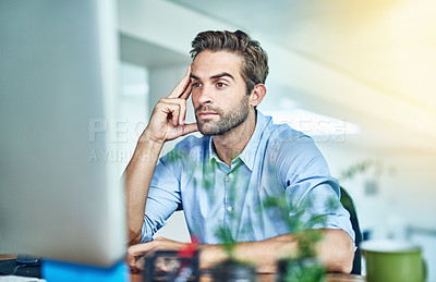Buy stock photo Computer, employee and man in office, thinking and desk for copywriter, startup and workplace of business. Brainstorming , staff and person with technology, desktop and idea for research in agency