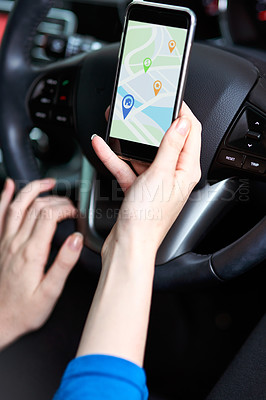 Buy stock photo Driving phone screen and person with online navigation, travel and direction for destination. Transport, website and hand of driver with smartphone, mobile app and location pin for map on road trip